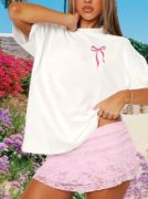 Fiyonk Baskılı Oversize Bisiklet Yaka T-shirt - Beyaz resmi